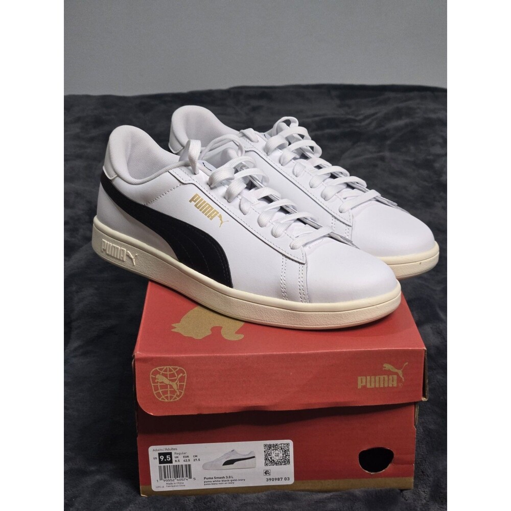 Puma Smash 3.0 L White Black Gold Men's Size 9.5 Leather Sneakers 390987-03 NEW